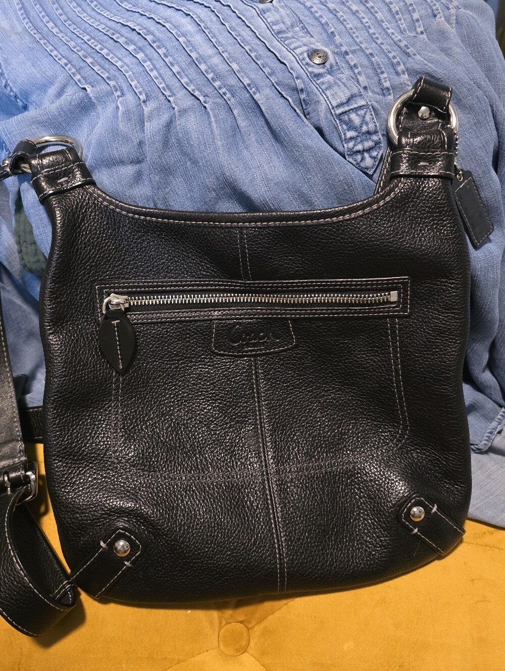 Coach Black Pebbled Leather Messenger Shoulder Bag with Silver Hardware